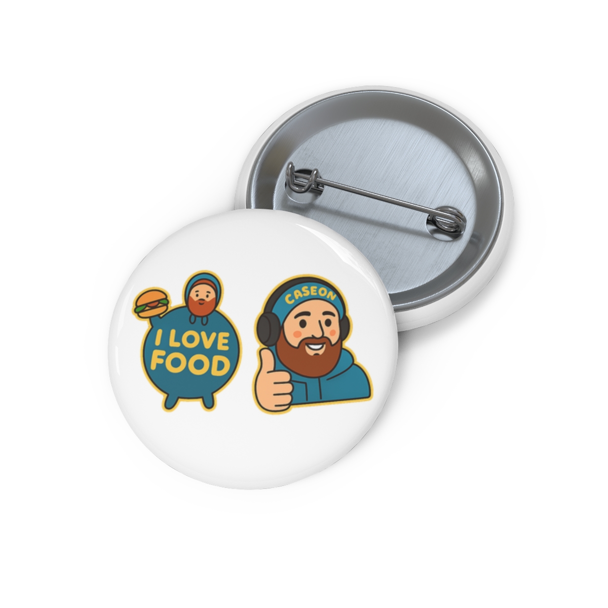 Two enamel pins featuring a cartoon character. One pin shows a holding a hamburger and the text "I love food". The other pin shows a with a beard and headphones, giving a thumbs up... - Official Creator merchandise